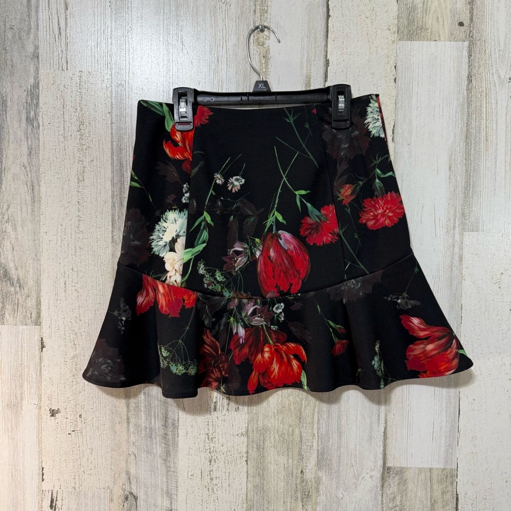 Express Black Skirt with Red Floral Design
